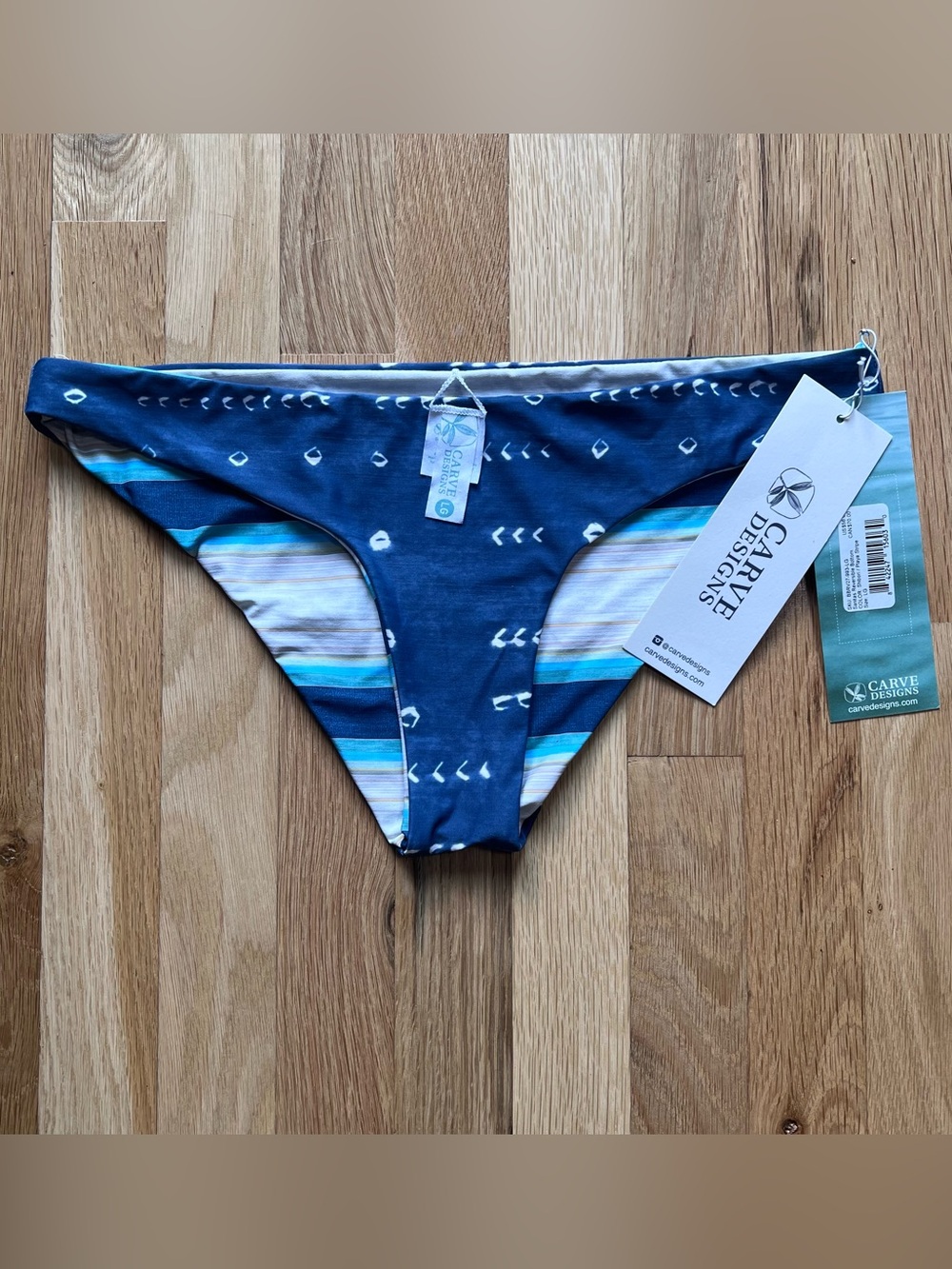 Carve Designs Santos Aqua Striped Reversible Bikini Bottoms, Less Coverage Sz L